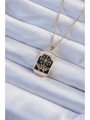 ® 316L Çelik Zincir Altın Renk İşlemeli Siyah Mineli Tarot Kolye