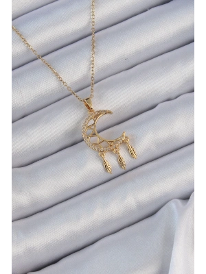 ® 316L Çelik Zincir Altın Renk İşlemeli Zirkon Taşlı Ay Kolye