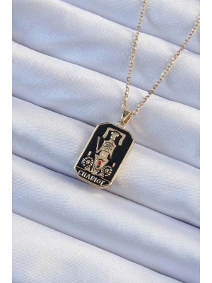 ® 316L Çelik Zincir Altın Renk Siyah Mineli Tarot Kolye