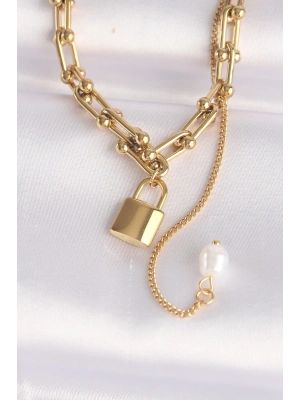 ® 316L Çelik Zincir Altın Renk Zincirli Love Yazılı Kilit Kolye