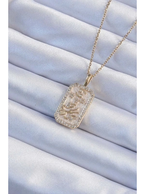 ® 316L Çelik Zincir Altın Renk Zirkon Taşlı Çerçeveli Tarot Kolye