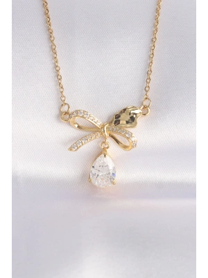 ® 316L Çelik Zincir Altın Renk Zirkon Taşlı Damla Detay Fiyonk Kolye