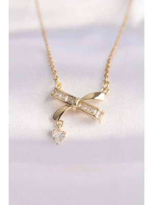 ® 316L Çelik Zincir Altın Renk Zirkon Taşlı Kalp Detay Fiyonk Kolye
