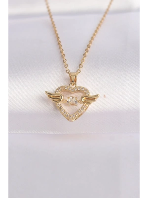 ® 316L Çelik Zincir Altın Renk Zirkon Taşlı Kanatlı Kalp Kolye