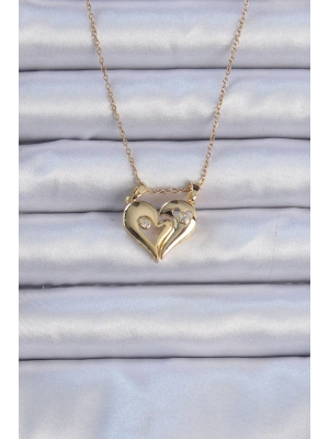 ® 316L Çelik Zincir Altın Renk Zirkon Taşlı Mıknatıslı Kalp Kolye
