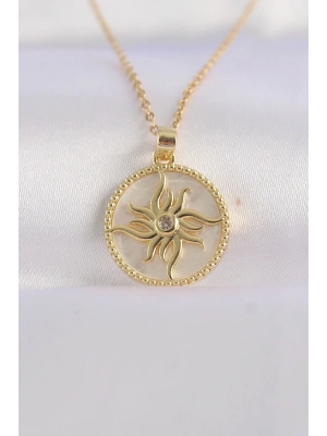 ® 316L Çelik Zincir Altın Renk Zirkon Taşlı Oval Tasarım Güneş Kolye