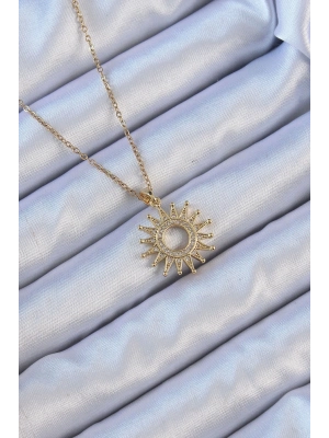 ® 316L Çelik Zincir Altın Renk Zirkon Taşlı Parlayan Güneş Kolye