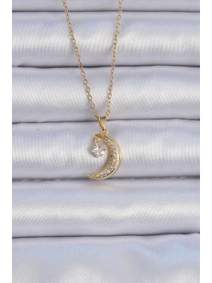 ® 316L Çelik Zincir Altın Renk Zirkon Taşlı Sallantılı Ay Yıldız Kolye
