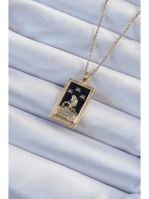 ® 316L Çelik Zincir Altın Renk Zirkon Taşlı Siyah Mineli Kız Figürlü Tarot Kolye