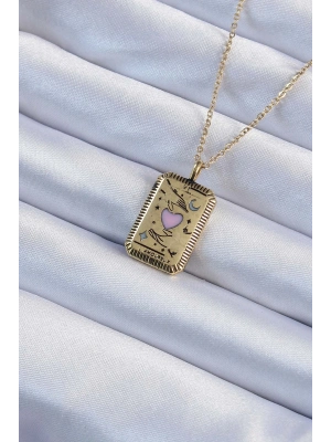 ® 316L Çelik Zincir Eskitme Altın Renk Pembe Mineli Kalp Figürlü Tarot Kolye