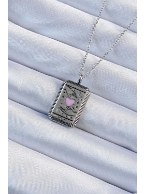 ® 316L Çelik Zincir Eskitme Gümüş Renk Pembe Mineli Kalp Figürlü Tarot Kolye