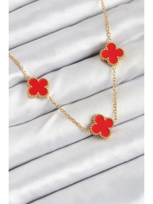 ® 316L Çelik Zincir Gold Kırmızı Renk Yonca Kadın Kolye