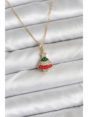 ® 316L Çelik Zincir Gold Ren Çam Ağacı Model Zirkon Taşlı Yılbaşı Temalı Kadın Kolye
