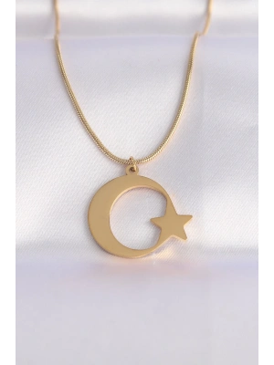 ® 316L Çelik Zincir Gold Renk Ay Yıldız Unisex Kolye