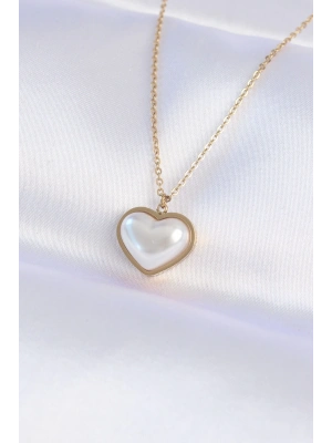 ® 316L Çelik Zincir Gold Renk Beyaz Taşlı Bubble Kalp Kolye