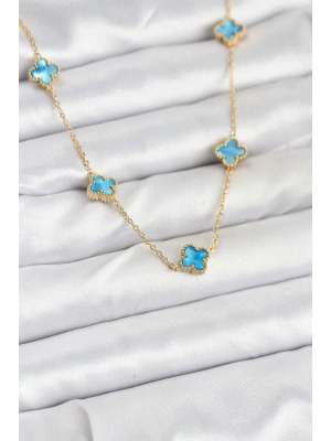 ® 316L Çelik Zincir Gold Renk Buz Mavisi Baby Boy Yonca Kadın Kolye