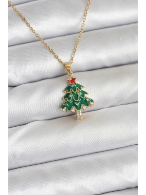 ® 316L Çelik Zincir Gold Renk Çam Ağacı Model Yılbaşı Temalı Kadın Kolye