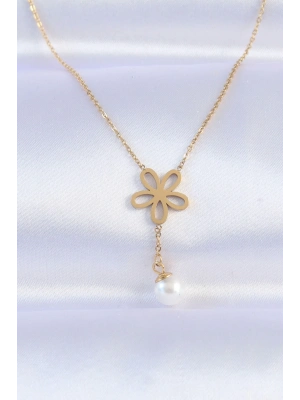 ® 316L Çelik Zincir Gold Renk İnci Detay Çiçek Kolye