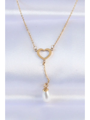 ® 316L Çelik Zincir Gold Renk İnci Taş Detay Kalp Kolye