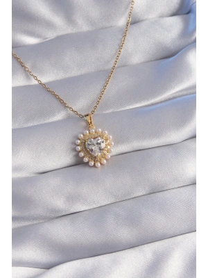 ® 316L Çelik Zincir Gold Renk İncili Zirkon Taşlı Kalp Tasarımlı Kolye