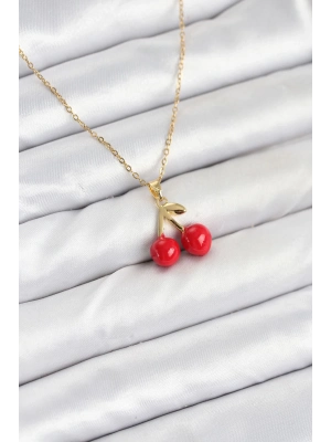 ® 316L Çelik Zincir Gold Renk Kiraz Model Kadın Kolye