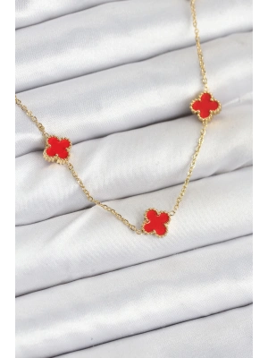® 316L Çelik Zincir Gold Renk Kırmızı Baby Boy Yonca Kadın Kolye