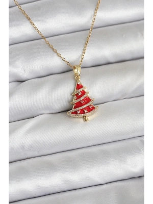 ® 316L Çelik Zincir Gold Renk Kırmızı Çam Ağacı Model Yılbaşı Temalı Kadın Kolye