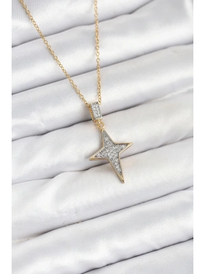 ® 316L Çelik Zincir Gold Renk Kutup Yıldızı Model Zirkon Taşlı Kadın Kolye