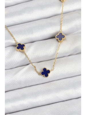 ® 316L Çelik Zincir Gold Renk Lacivert Baby Boy Yonca Kadın Kolye