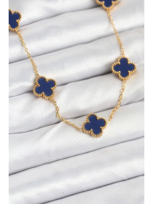 ® 316L Çelik Zincir Gold Renk Lacivert Yonca Kadın Kolye