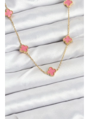 ® 316L Çelik Zincir Gold Renk Pembe Baby Boy Yonca Kadın Kolye