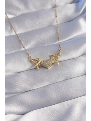 ® 316L Çelik Zincir Gold Renk Zirkon Taşlı Kalp Model Kelebek Detay Kolye