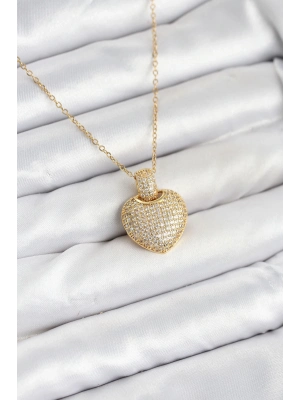 ® 316L Çelik Zincir Gold Renk Zirkon Taşlı Kalpli Kadın Kolye