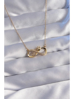 ® 316L Çelik Zincir Gold Renk Zirkon Taşlı Pati ve Kalp Detaylı Sonsuzluk Kolye