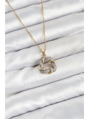 ® 316L Çelik Zincir Gold Renk Zirkon Taşlı Sarmal Model Kadın Kolye