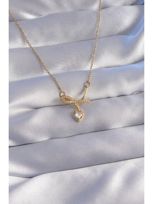 ® 316L Çelik Zincir Gold Renk Zirkon Taşlı Yarım Fiyonk Kalp Kolye