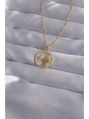 ® 316L Çelik Zincir Gold Renk Zirkon Taşlı Yıldız Figürlü Oval Kolye