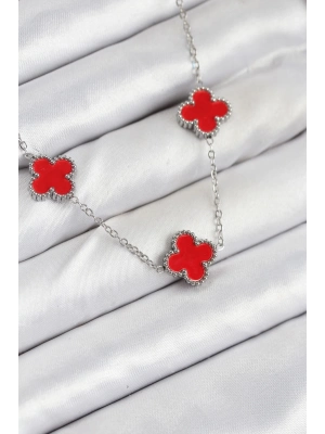 ® 316L Çelik Zincir Gümüş Kırmızı Renk Yonca Kadın Kolye