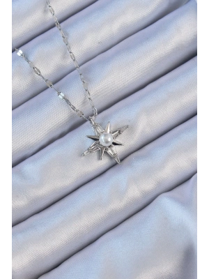 ® 316L Çelik Zincir Gümüş Renk Baget Taşlı İnci Detay Kutup Yıldızı Kolye