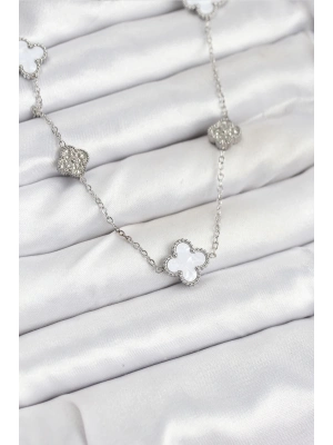 ® 316L Çelik Zincir Gümüş Renk Beyaz ve Zirkon Taşlı Yonca Kadın Kolye