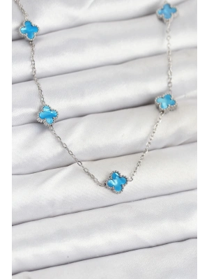 ® 316L Çelik Zincir Gümüş Renk Buz Mavisi Baby Boy Yonca Kadın Kolye