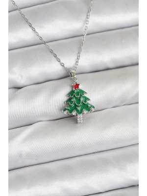 ® 316L Çelik Zincir Gümüş Renk Çam Ağacı Model Yılbaşı Temalı Kadın Kolye