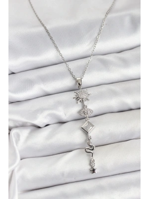 ® 316L Çelik Zincir Gümüş Renk Güneş ve Enerji Model Kadın Y Kolye