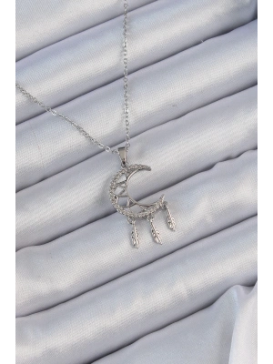 ® 316L Çelik Zincir Gümüş Renk İşlemeli Zirkon Taşlı Ay Kolye