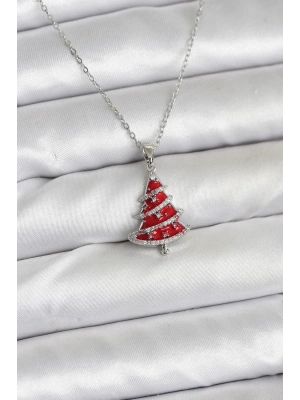 ® 316L Çelik Zincir Gümüş Renk Kırmızı Çam Ağacı Model Yılbaşı Temalı Kadın Kolye