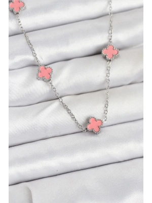 ® 316L Çelik Zincir Gümüş Renk Pembe Baby Boy Yonca Kadın Kolye