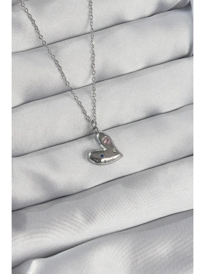 ® 316L Çelik Zincir Gümüş Renk Renkli Zirkon Taşlı Kalp Kolye