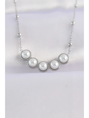 ® 316L Çelik Zincir Gümüş Renk Sıralı İnci Taşlı Kolye