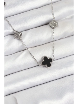 ® 316L Çelik Zincir Gümüş Renk Siyah ve Zirkon Taşlı Yonca Kadın Kolye