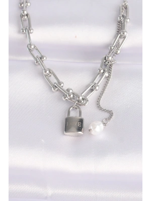® 316L Çelik Zincir Gümüş Renk Zincirli Love Yazılı Kilit Kolye